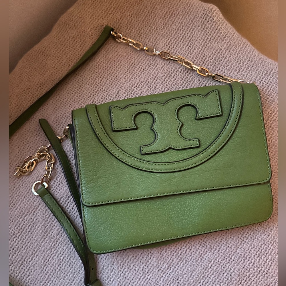 Tory Burch All T green leather crossbody purse